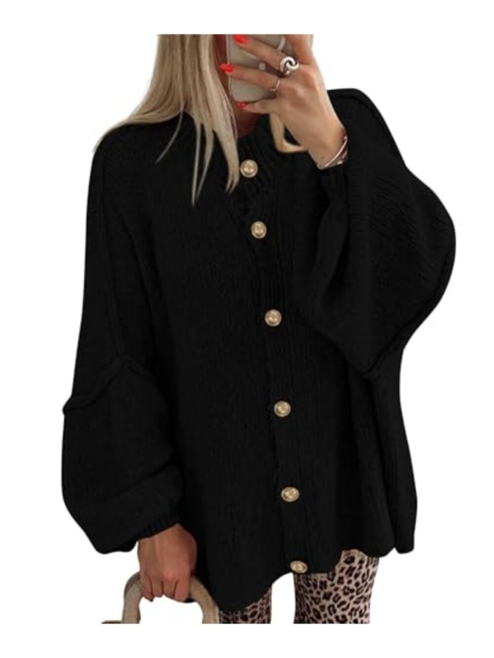 Oversized Cable Knit Cardigan Lantern Sleeve Button Down Sweater